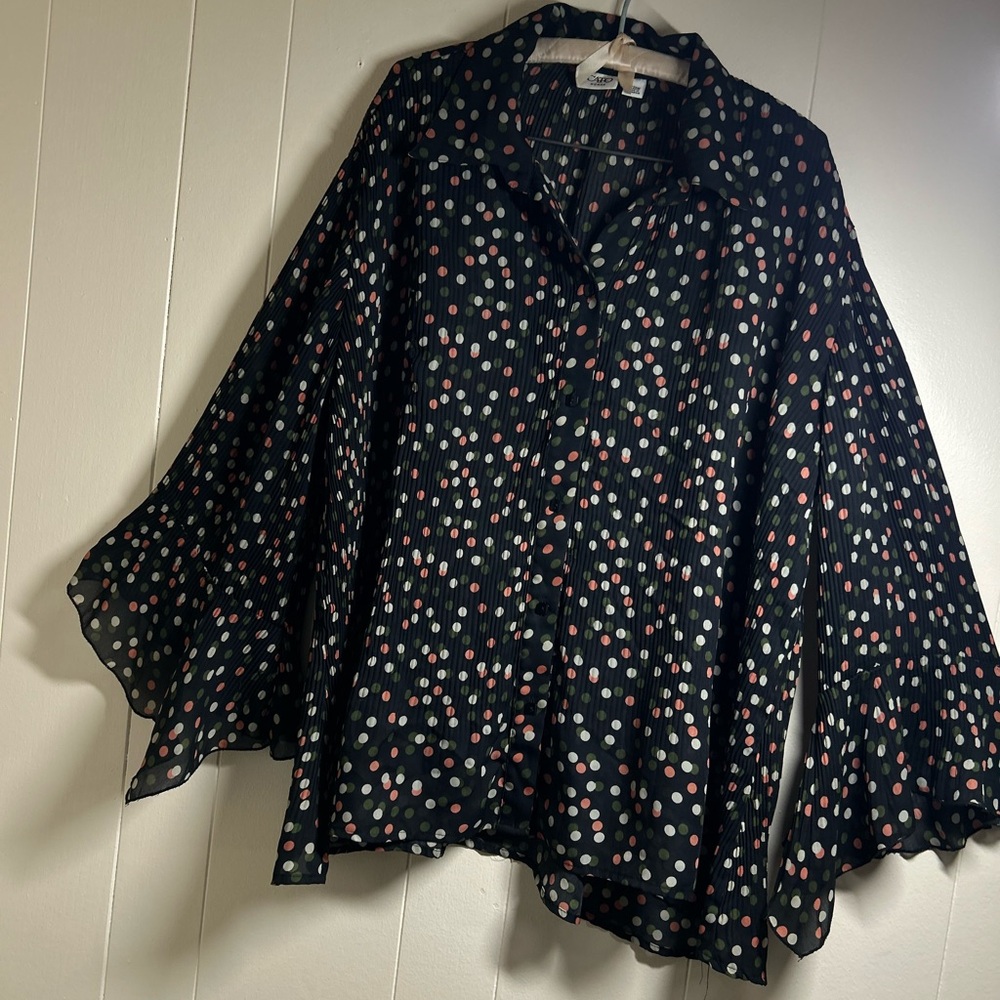 ASOS Womens Pleated Polka Dot 18/20W Blouse Black Sheer Bell Sleeve Flowy Top - Picture 3 of 13